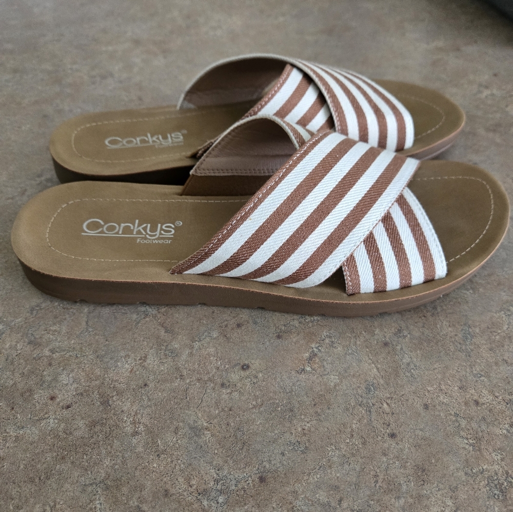 Corkys Women's Striped Tan and White Sandals
